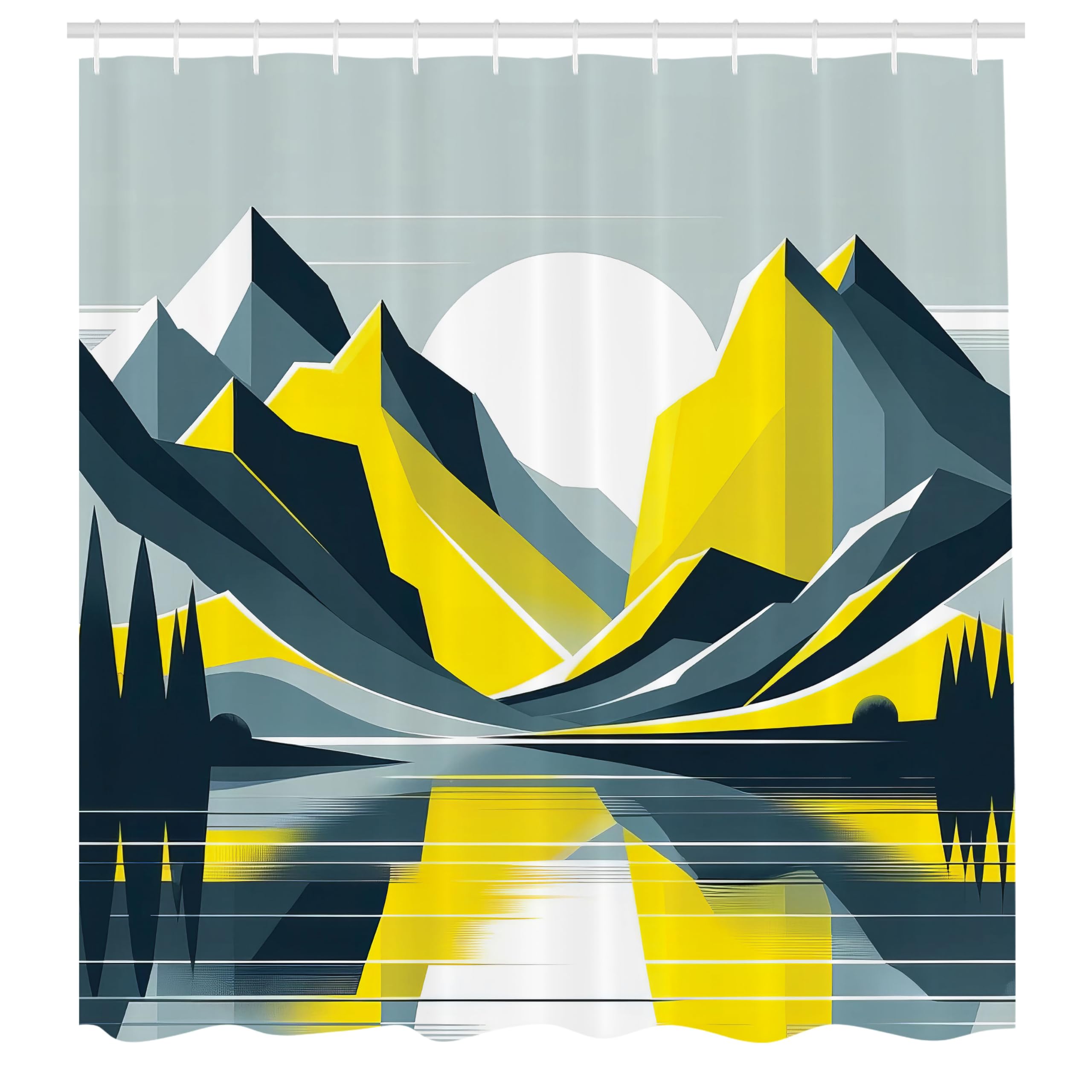 Ambesonne Lake Shower Curtain, Mid Century Modern Boho Art Of Sunrise Scenery With Minimalist Mountains, Cloth Fabric Bathroom D